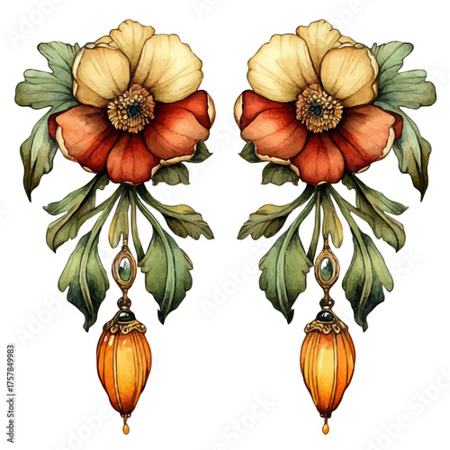 Art Nouveau Earrings, watercolor vector, isolated on a white background.
