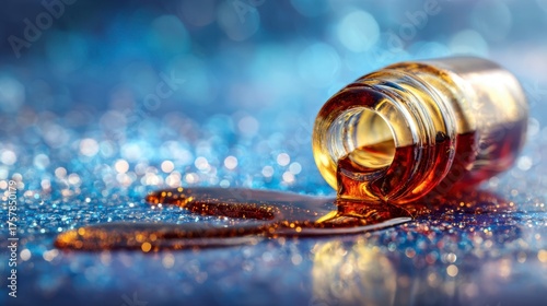 A close-up view of an elegantly spilled glass vial showcasing rich amber liquid against a shimmering blue glitter background, evoking luxury and allure.