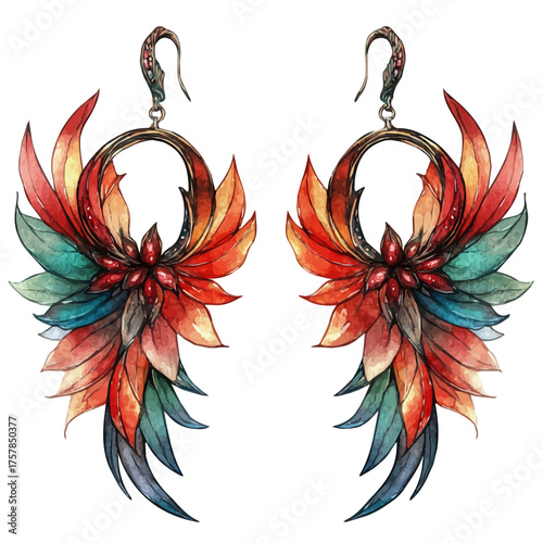 watercolor vector of Art Nouveau Earrings, isolated on a white background.