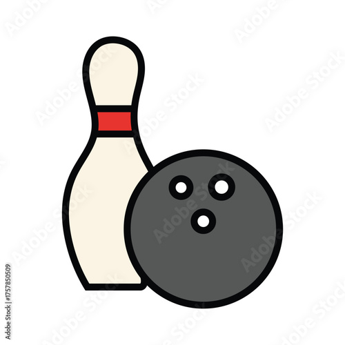 Isolated bowling pin stands beside a black ball with circle holes over white background