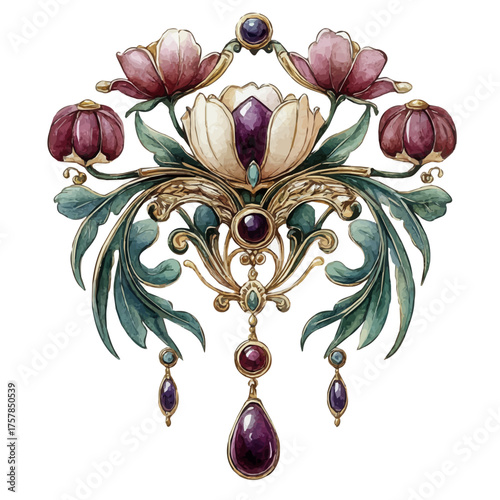 watercolor vector of Art Nouveau Brooch, isolated on a white background.