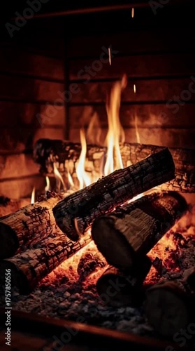 SLOW MOTION, CLOSE UP: Idyllic shot of large logs burning inside a vintage fire place. Close up of a large fire burning in the middle of a dark living room in a luxurious home on a cold winter night