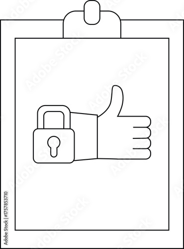 Padlocked thumbsup on clipboard lock attached to hand with thumb raised on paper holder outline