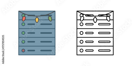 Server room with garland icon featuring festive decorations across server racks. Perfect for data center holidays, tech celebration designs, and digital network themes.