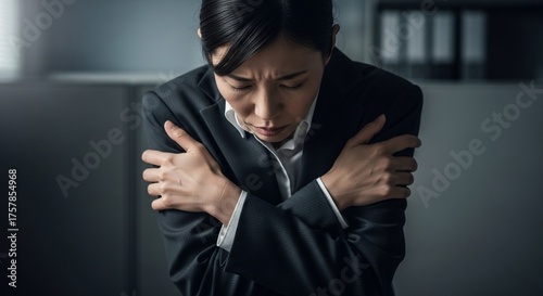 ストレスと不安で震える身体：精神的に限界で自分を抱きしめるポーズをする日本人女性社員