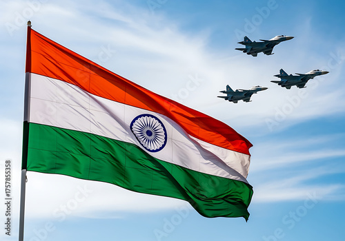 The Indian flag waves proudly as fighter jets soar through a clear, blue sky.