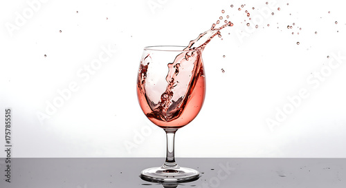A clear wine glass with rose-colored liquid being splashed upward, creating a dynamic effect.