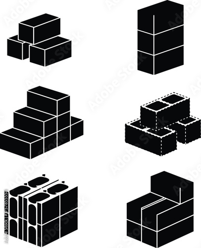 3D block icons, construction shapes, architectural forms, cuboid structures, wall stack, staircase design, L-shape corner, textured grooves, isometric blocks