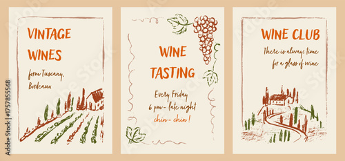 Set of chalk, crayon, pastel, pencil hand drawn doodle vinery poster. Red and white Spanish, Italian, Greek, French wine. Rural country side sketch landscape with house, field, cypress in Tuscany