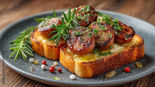 Fototapeta Naklejka Na Ścianę i Meble -  Sausage Toast Recipe: Gourmet Food, Appetizer, Brunch Idea