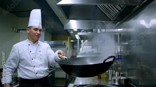 A chef in a professional kitchen is actively stir-frying in a wok, with flames and steam rising
