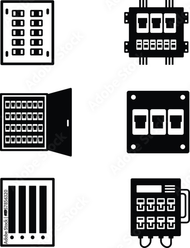 Electrical circuit breaker panel icons, switchboard designs, power control units, safety switches, grid layout, wiring connectors, energy management, technical illustration