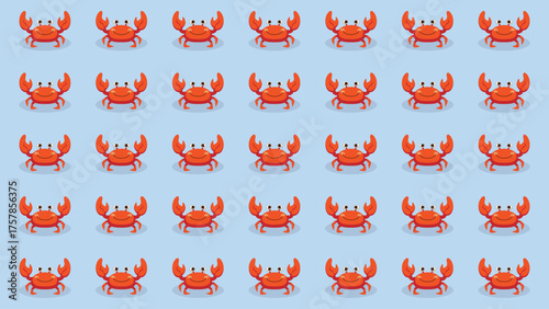 Seamless repeating pattern of cheerful red cartoon crabs on a soft light blue background. Fun marine animal print for kids' textiles, summer, and nautical designs