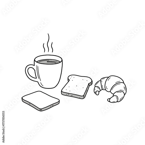 Simple Line Drawing of a Breakfast Scene with Coffee and Pastries.