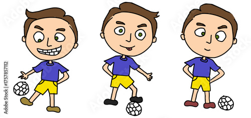 Cartoon illustration of a boy playing soccer in three different poses. The boy has short brown hair, wearing a blue shirt, yellow shorts, and different colored shoes, interacting with a soccer ball