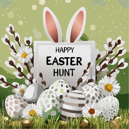 Vector cute festive poster for Easter Egg Hunt with realistic colored eggs, 3D fur ears of bunny, paper chamomiles and pussy willow on green background. Holiday cartoon scene for party invitation.
