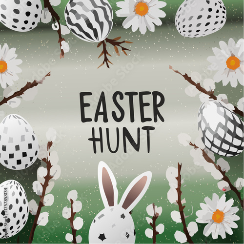 Vector cute festive poster for Easter Egg Hunt with realistic colored eggs, 3D fur ears of bunny, paper chamomiles and pussy willow on green background. Holiday cartoon scene for party invitation.