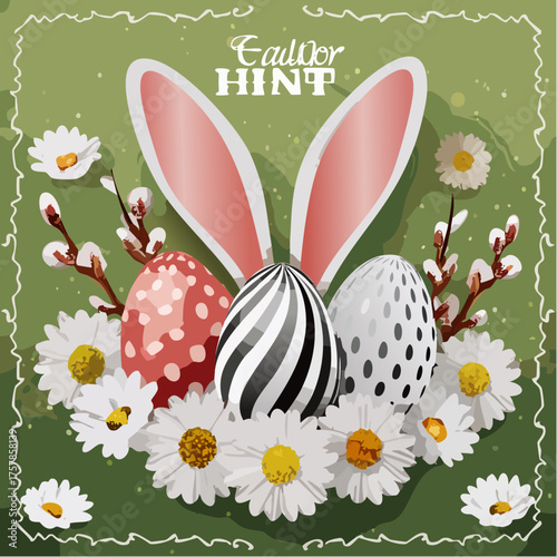 Vector cute festive poster for Easter Egg Hunt with realistic colored eggs, 3D fur ears of bunny, paper chamomiles and pussy willow on green background. Holiday cartoon scene for party invitation.