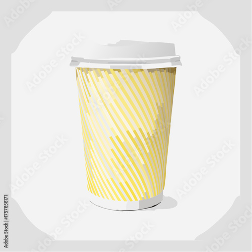 Vector 3d realistic mockup of white paper coffee cup with yellow striped pattern. Template for drink packaging design. Easy to change colour. Isolated from background.