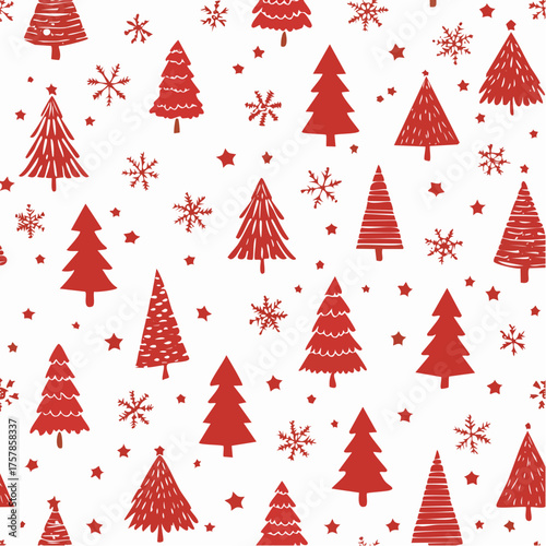 Vector seamless simple pattern with christmas fir trees, snowflakes, stars. Elegant holiday red background for printing on fabric, paper for scrapbooking, gift wrap and wallpapers.