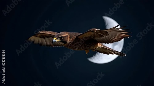 Majestic falcon soars gracefully through the night sky with a luminous crescent moon illuminating its powerful flight path.
