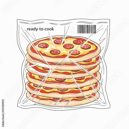 Stack of delicious ready-to-cook pizzas sealed in a transparent plastic package with a barcode and "ready-to-cook" label