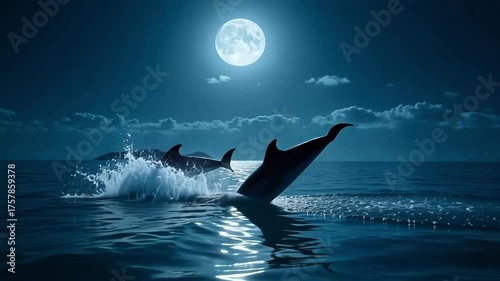 Majestic dolphins leap from moonlit ocean waves creating a magical and serene nighttime seascape perfect for travel and nature projects