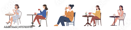 Collection of diverse women characters sitting at cafe tables enjoying a coffee break