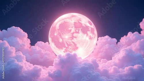 Dreamy pink moon ascends through soft clouds, casting ethereal glow across a starlit night sky