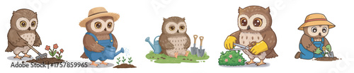Adorable Owl Gardening Crew A Watercolor Illustration of Nature's Helpers