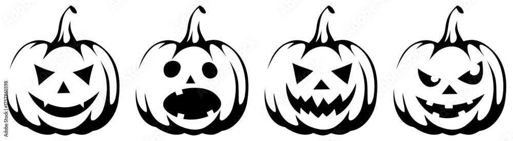 Obraz premium Jack-o'-lanterns (Halloween pumpkins). Black and white contour drawings of four jack-o'-lanterns isolated on a white background. Set of vector illustrations