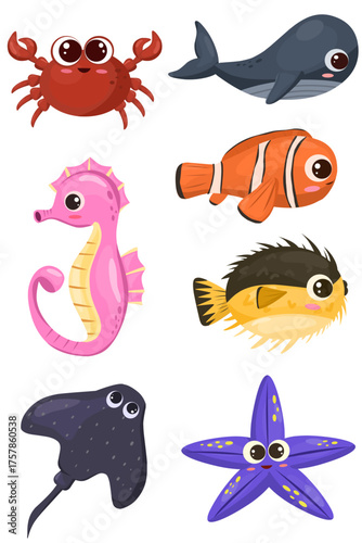 Illustrations of various adorable sea animals with big eyes and cheerful faces, flat design clipart of fish and sea animals 