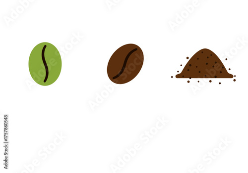 Three coffee states green bean roasted bean and ground coffee pile