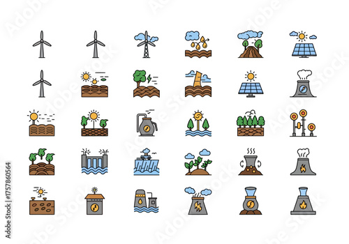 Icons illustrating various energy sources both renewable and nonrenewable