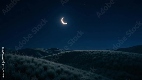 Serene crescent moon illuminates vast starry night sky over rolling grassy hills creating a peaceful, tranquil, and dreamy landscape scene