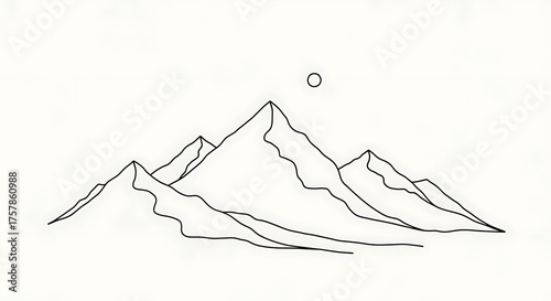 Minimalist Line Art of Majestic Mountain Range Under a Full Moon.