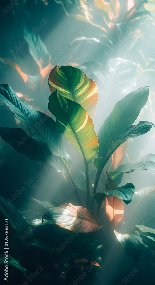 Fototapeta premium Underwater plant life with vibrant colors and light reflections.