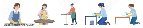 Collection of illustrated women engaged in daily housekeeping and cleaning tasks