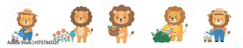 Adorable Cartoon Lion Gardeners Engaged in Various Planting, Watering, and Harvesting Activities