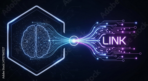 Artificial intelligence and data link concept showing a brain connected to a network of data points with the word link, isolated on a dark background