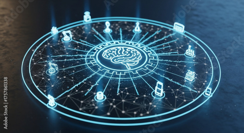 Artificial intelligence and data network concept showing a brain in a circle with connected icons representing different devices and users