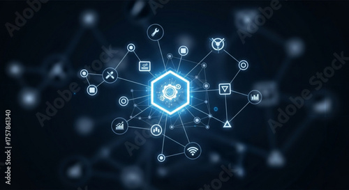 A glowing digital network with interconnected icons represents the concept of iot, showcasing the interconnectedness of devices and data in a modern technology landscape