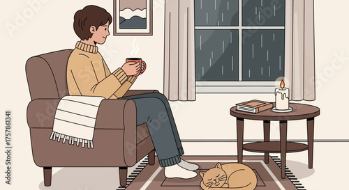 Cozy indoor relaxation concept on a rainy day, a person enjoying a warm drink in an armchair with a sleeping cat and candlelit ambiance, perfect for a peaceful evening