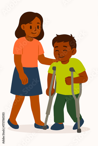 Sister Helping Sibling with Crutches Vector