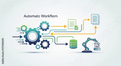 Automatic workflow concept showing gears, documents, database, and robotic arm, illustrating process automation and efficiency in business operations and technology