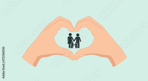 A tender concept of family unity and protection, illustrated by hands forming a heart shape around a stick figure family with two children, symbolizing love, care, and togetherness