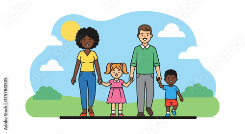 A joyful and diverse family of four, including parents and two happy children, walking together outdoors on a bright, sunny day, depicting togetherness and positive lifestyle