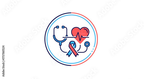Medical Icon Heartbeat, Stethoscope, and Ribbon Symbolizing Health and Wellness in Healthcare
