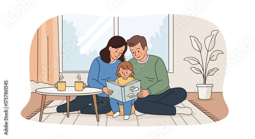 Family Bonding Moment Parents and Child Reading Together in Cozy Living Room, Happiness, Education