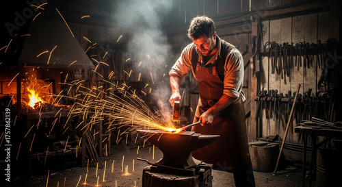 Blacksmith forging metal with hammer and anvil in workshop with sparks flying and fire glowing in the dark